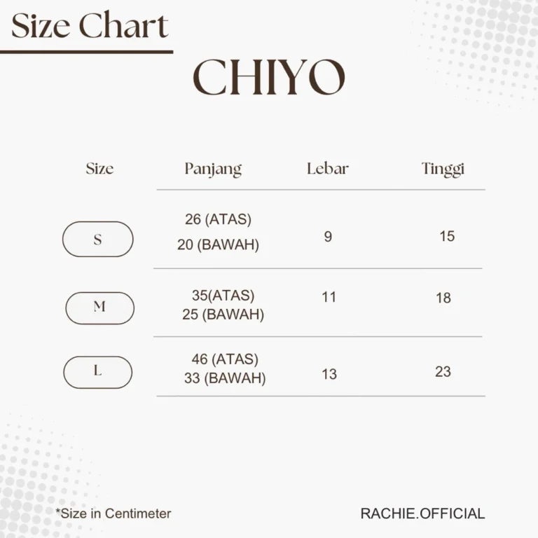 Organizer Bag Chiyo Size Chart