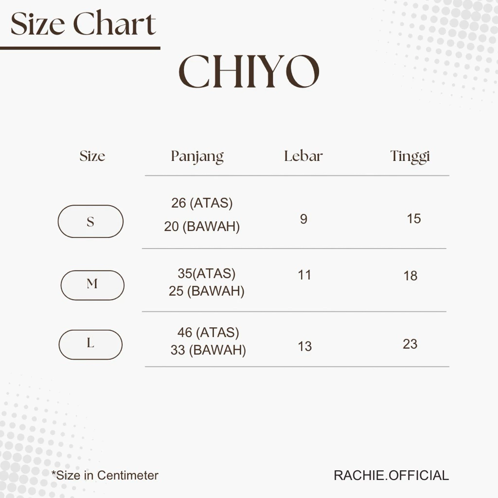 Organizer Bag Chiyo Size Chart
