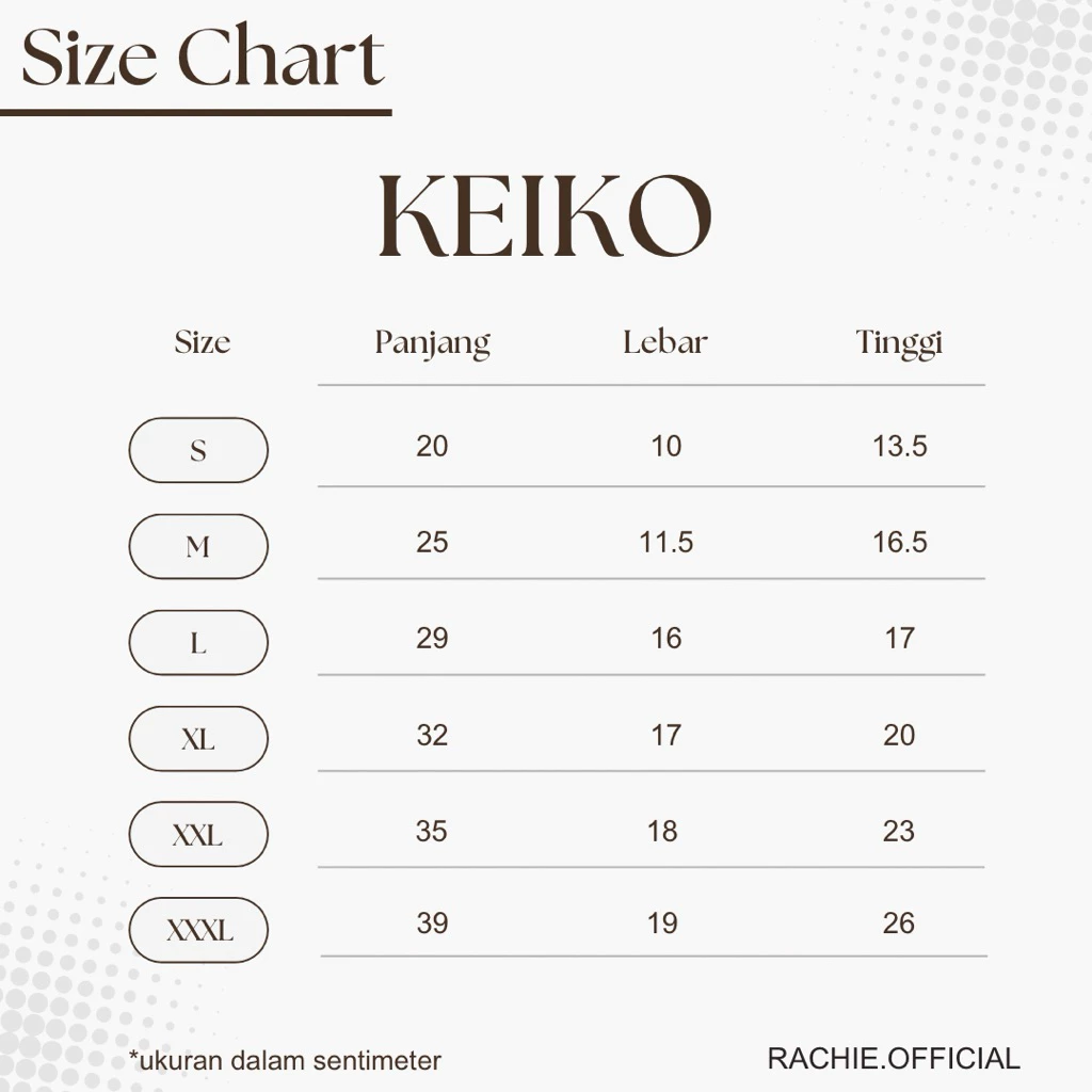 Organizer Bag Keiko Black Size Chart