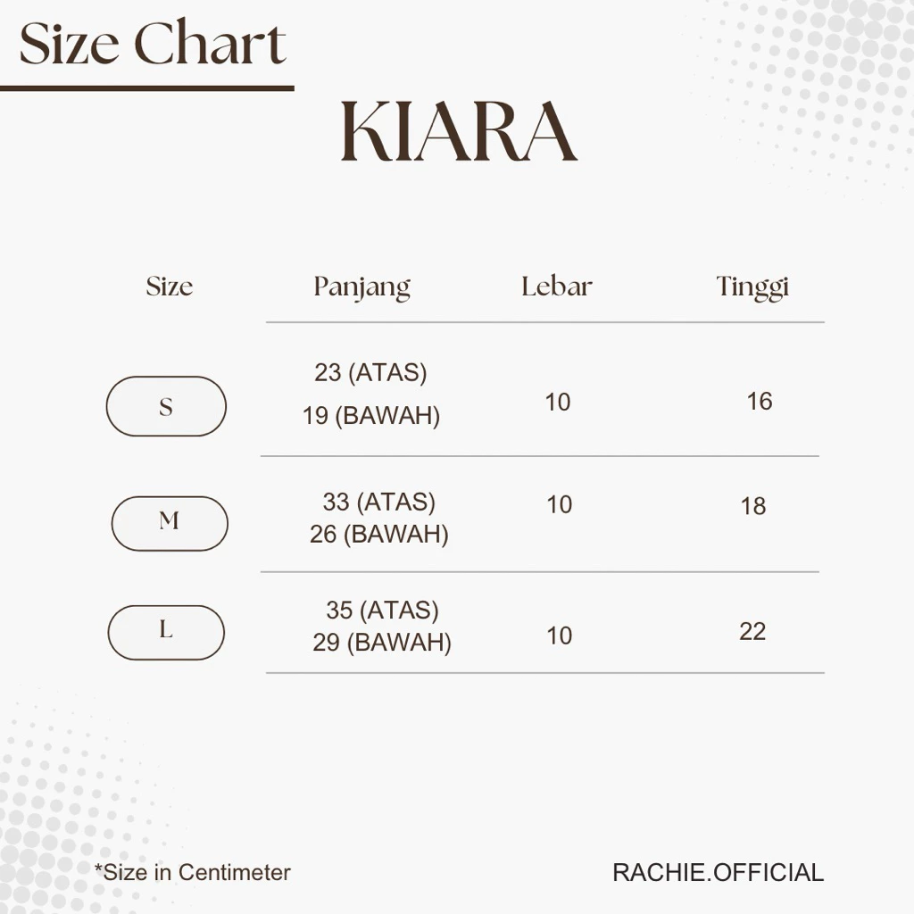 Organizer Bag Kiara Size Chart