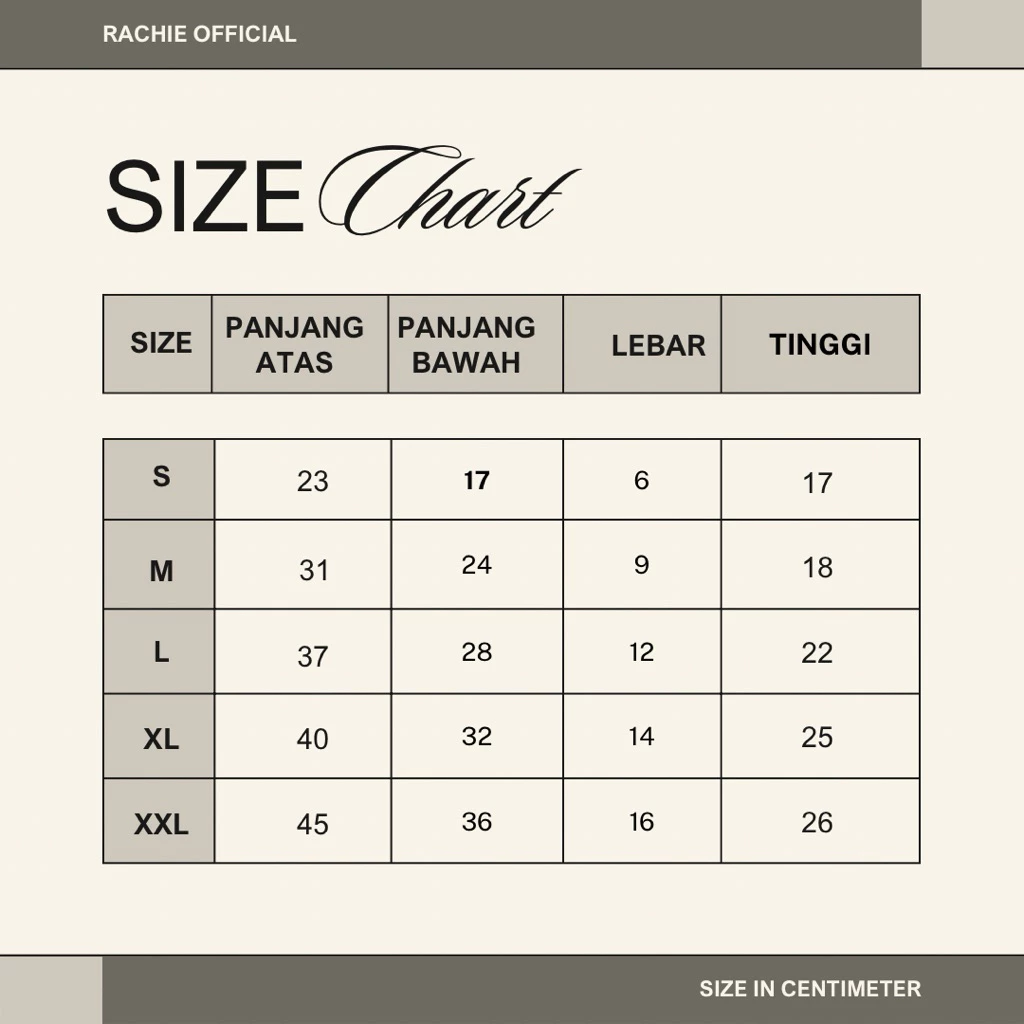 Organizer Bag Kimi Size Chart