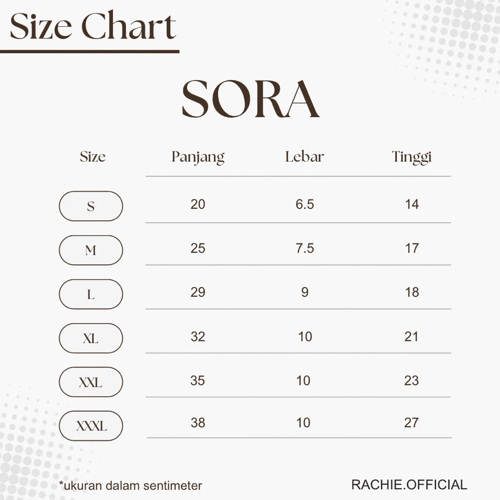 Organizer Bag Sora Size Chart